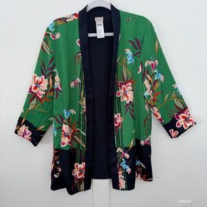 Chico's Reversible Kimono Botanical Green Floral Print Solid Navy Jacket 2 Large